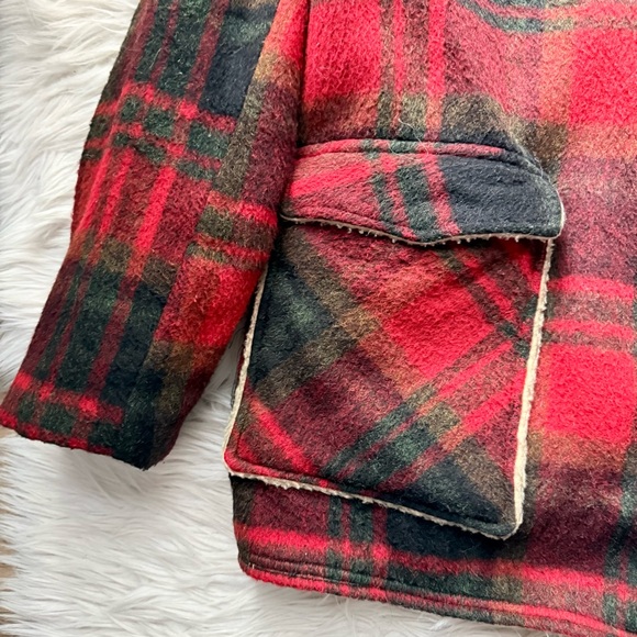 Vintage 60s Rancher Cabincore Red Plaid Wool Chore Jacket Coat Sherpa Shearling - Picture 2 of 10